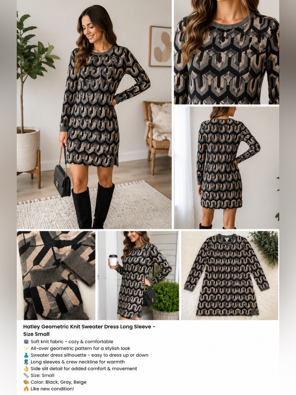 Hatley Geometric Knit Sweater Dress Long Sleeve Size Small